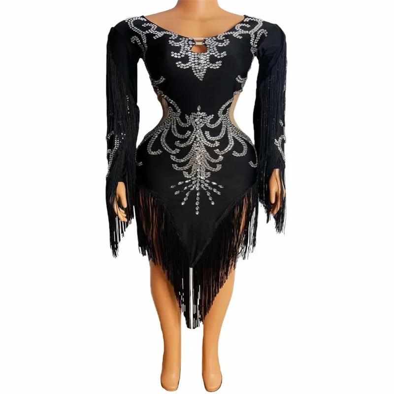 

H216 Evening Black Dress Pole-Dancer Singer Tassels New Rhinestones Nightclub Party Elastic Stretched Skirt Diamonds Costumes Dj