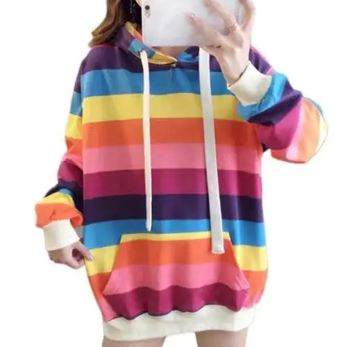 

stripe Cotton winter rainbow Women sweatshirt Long section rainbow Harajuku Casual Hoodies Korean Style Oversized Tops Female