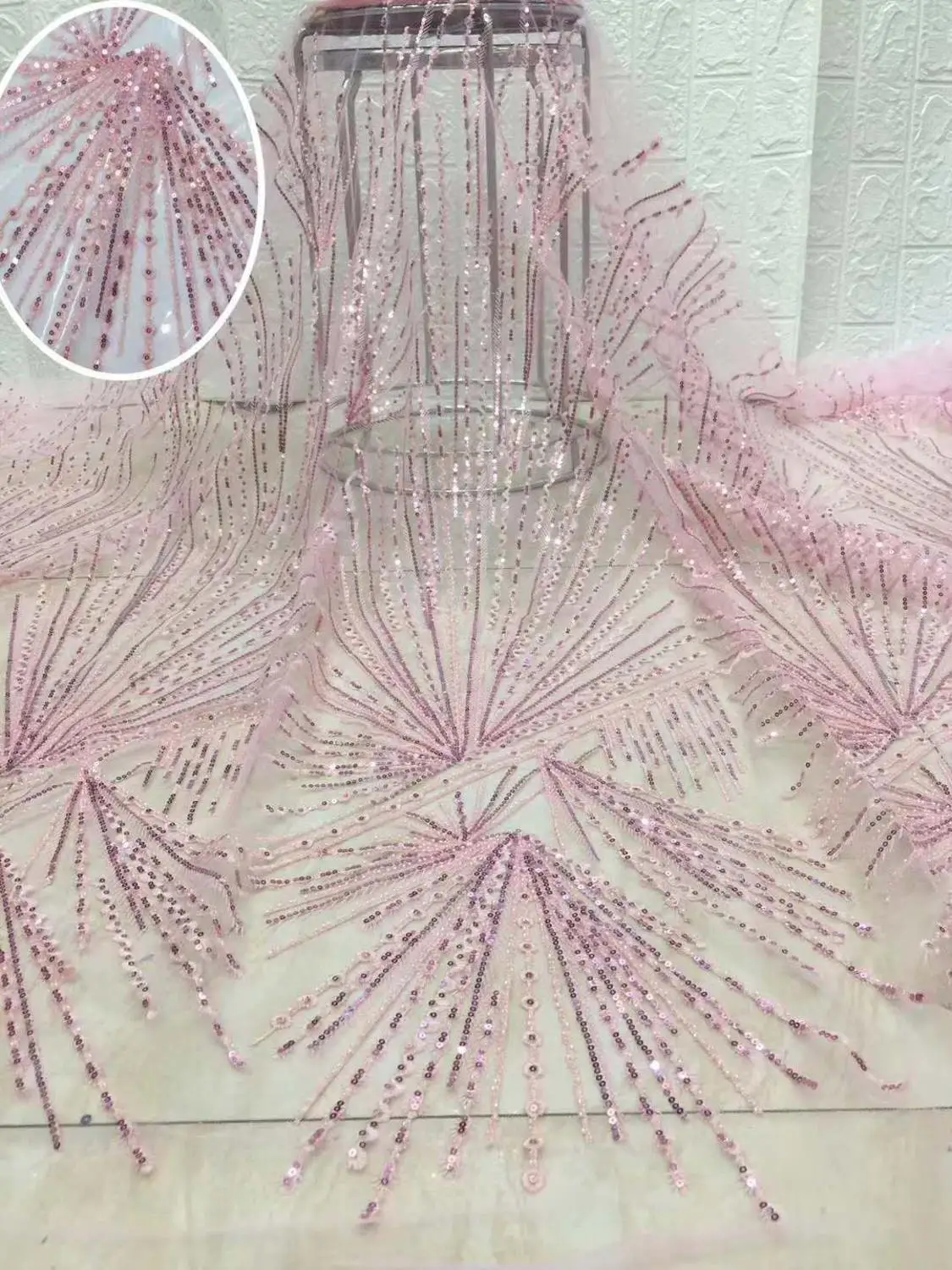 

High quality sequins high density crystal embroidery French mesh lace fabric Wedding dress designer fabric Nigeria Lace