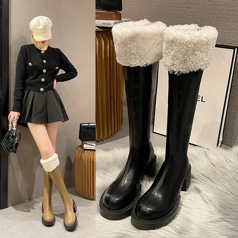 

Женские плюшевые сапоги В рыцарском стиле, зимняя теплая плюшевая женская обувь, модные сапоги-мартинсы до колена на массивной платформе, ...