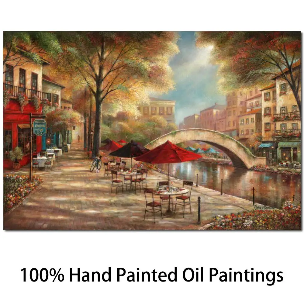Wall Art Venice Landscape Artwork Oil Canvas Painting Riverwalk Cafe Ruane Manning Hand Painted Beautiful Coastal Architecture | Дом и сад