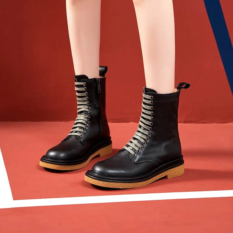 

Fashion handmade first layer cow genuine leather Motorcycle boots women Spring/Autumn side zip flat Mid-Calf black basic shoes