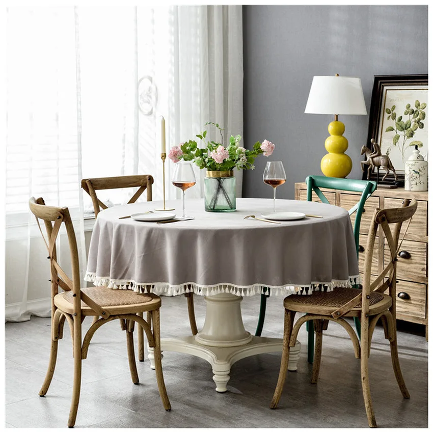 

Nordic Round Tassel Table Cloth Polyester High Quality Solid Color Woven for Dining Table Home Party Dustproof Desktop Cover