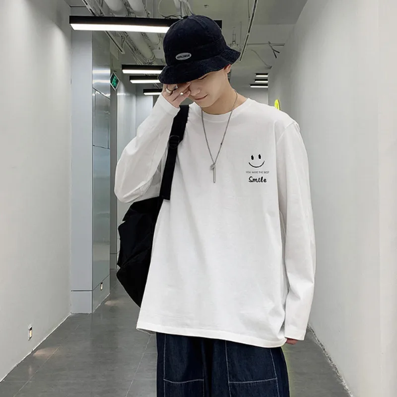 

Men's Cotton Long Sleeve T-shirt Loose Round Neck Smile Printed Oversized Male Casual Solid Color Pullover Shirt Clothing Tops