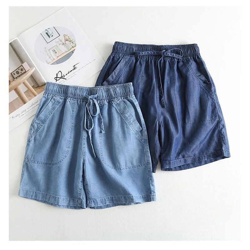 

2020 Summer Korea Fashion Women Elastic Waist Loose Shorts all-matched Casual Blue Jeans Short Femme Tencel denim hot pants S911