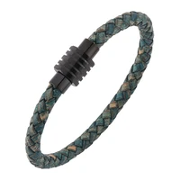 vintage green genuine braided leather bracelet women men black stainless steel magnetic charms bracelet gift pd256gr