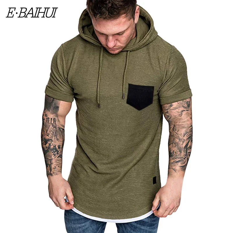 

E-BAIHUI Design Hooded T-Shirt Sport T Shirts Men Solid Short Sleeve Fitness Tshirt Clothes Jogging Running Shirts Men G035