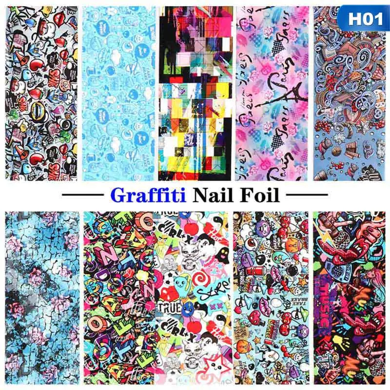 

10 Pcs/set Street Graffiti Anime Nail Foil Abstract Style Sexy Lips Letter Flower Nail Sticker Transfer Gel Decal Accessories