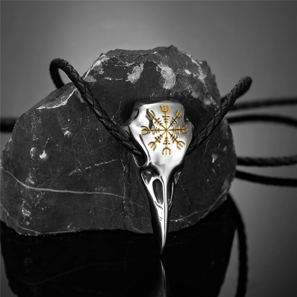 Ожерелье с черепом в скандинавском стиле золотым компасом и вороной амулет из