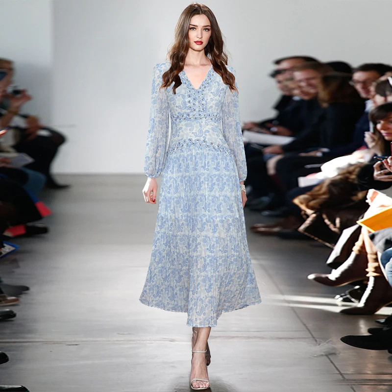 

V-neck Lantern Long-sleeved Heavy Bead Print Fashion 2021 Autumn Party Dresses Women