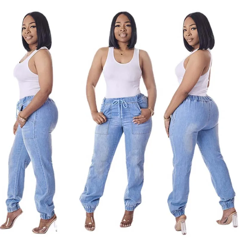 

Light Blue Baggy Jeans Women Autumn Casual Big Pocket Drawstring High Waist Denim Harem Pants Lady Elastic Ankle Cowboy Trousers