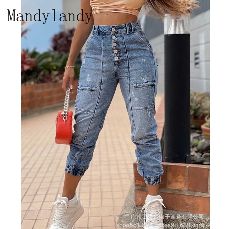 

Джинсы Mandylandy, Осенние однобортные брюки-карандаш из денима с высокой талией, женские повседневные однотонные облегающие лоскутные джинсы с...