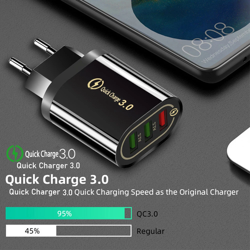 Зарядное устройство USB для телефона с разъемом EU/US, быстрое зарядное устройство, быстрая зарядка QC 3,0, 5 В/3 А, для Apple, samsung, huawei, Xiaomi, iphone 6, 7, 8 X, зарядное устройство для телефона