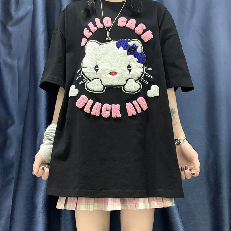 

Japan Harajuku Cartoon Embroidery T shirts For Women Short Sleeve Cotton Summer Y2K Tops Oversize Street Style Gothic Clothing