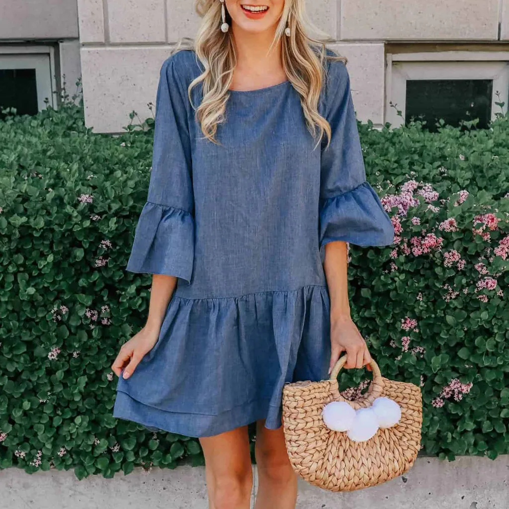 Женское джинсовое платье повседневные однотонные ковбойские платья с круглым