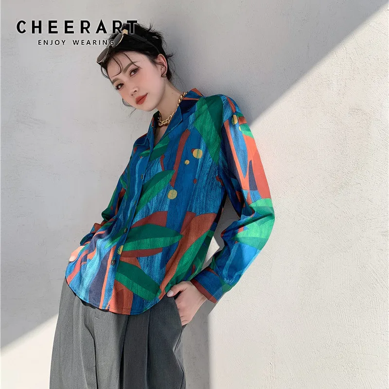 

CHEERART Color Block Aesthetic Shirt Long Sleeve Tops And Blouses Women Lapel Colorfull Print Spring 2021 Fashion Clothing