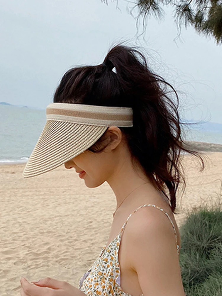 

Wide Brim Casquette for Women Empty Top Sun Hat Anti-UV Straw Summer Hat Outdoor Sunscreen Beach Caps Travel Hairpin Headwear