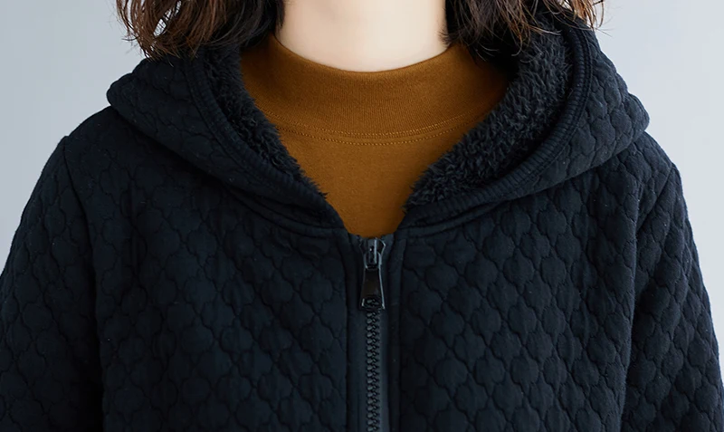 

Hooded Cotton Coat Black Zipper Pockets Thicken Fleece Long-Sleeved V-Neck Female Outwear Coat Tops