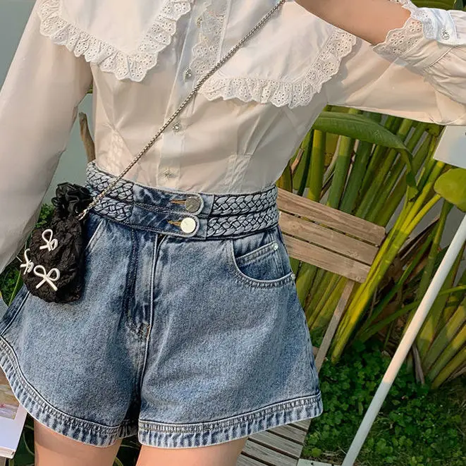 

Women 2021 Summer Fashion High Waist Denim Shorts Female New Wide Leg Hot Shorts Ladies Solid Color Thin Jeans Shorts Y91