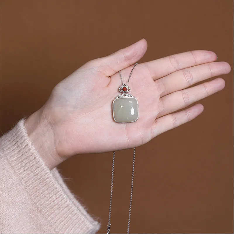 Silver White Безглицые пустые драгоценные камни, ожерелья для женщин, квадратные подвески из яшмы и нефрита+ цепочки, 925 серебряные драгоценные камни, квадратные ювелирные изделия P1055 - Цвет камня: Silver White