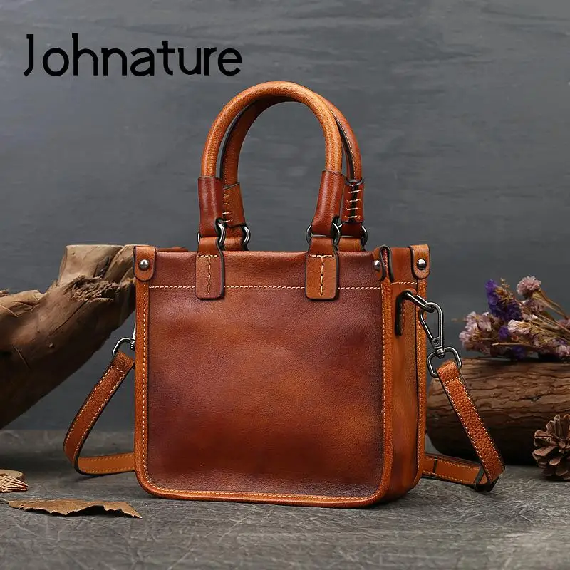 Johnature Vintage Genuine Leather Women Small Handbag 2022 New Soft Real Cowhide Versatile Solid Color Shoulder & Crossbody Bags