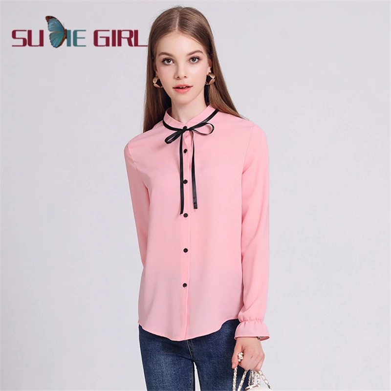 

SUDIE Girl Spring and summer suit collar fashion all-match long-sleeve solid color slim plus size casual shirt