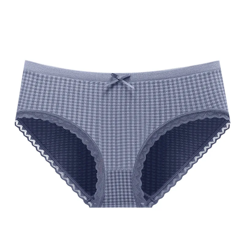 

Japanese seamless Plaid lace underwear women's graphene antibacterial bottom crotch middle waist girl's briefs