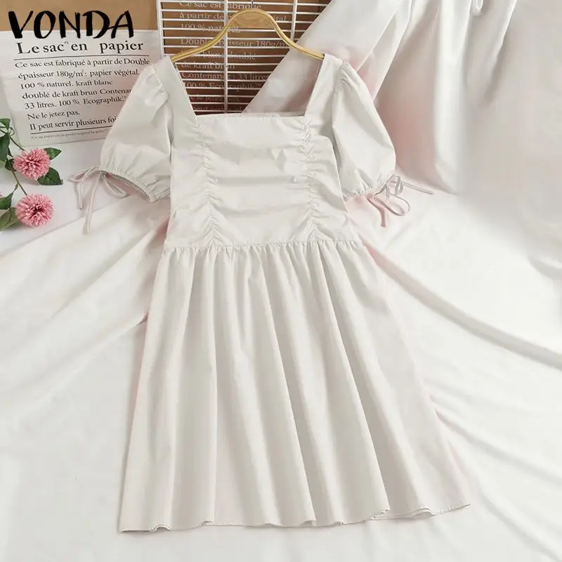

White Sundress 2021 VONDA Women Dress Short Sleeve Square Collar Party Dress Female Vintage Pleated Party Short Vestidos