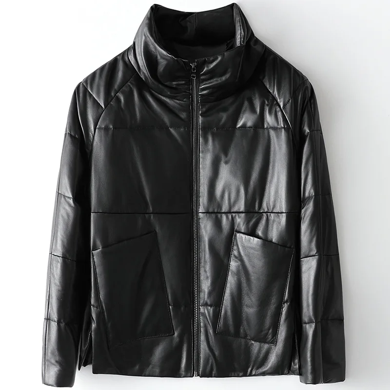Black Zipper Sheepskin Down Jacket Winter Casual Fashion Genuine Leather Jackets with Pockets Women Winter Clothes Coat
