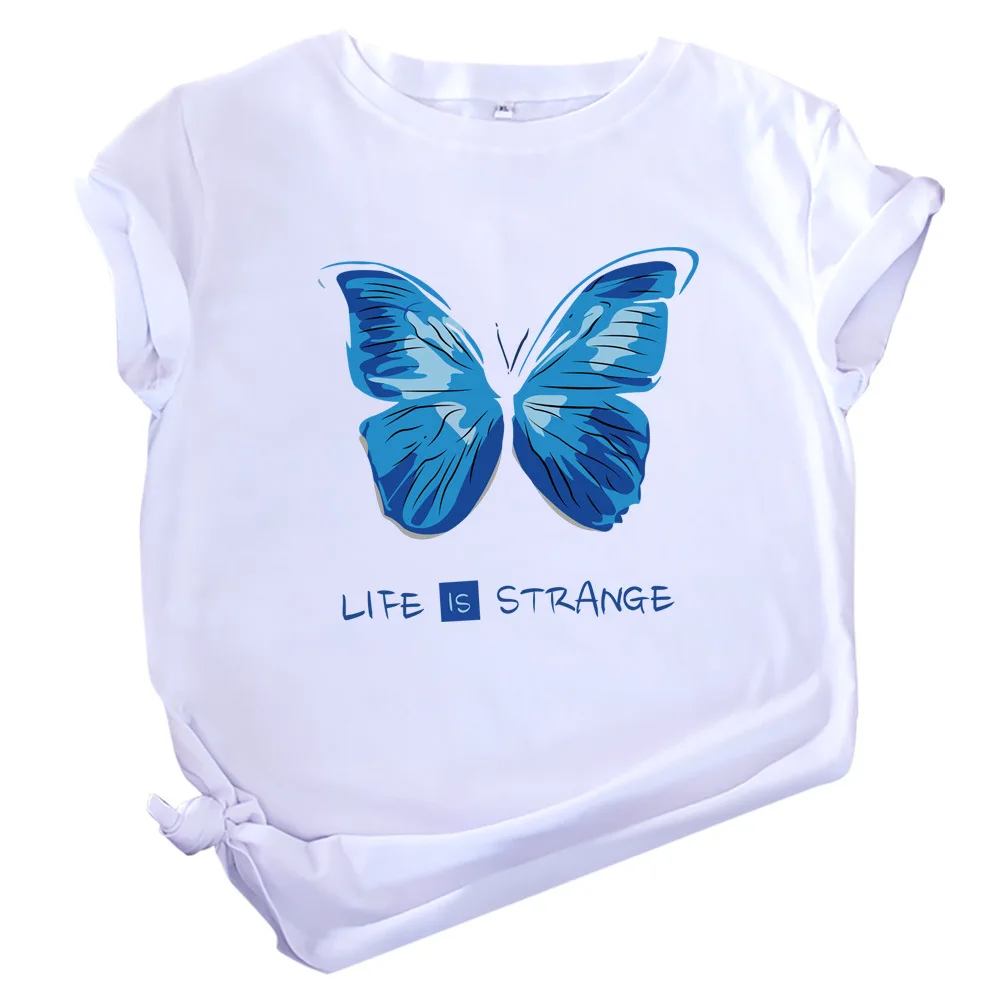 

Cotton Short Sleeve T-shirt Blue Butterfly with Life is Strange Letter Print Shirts Plus Size Tees Streetwear Women Top