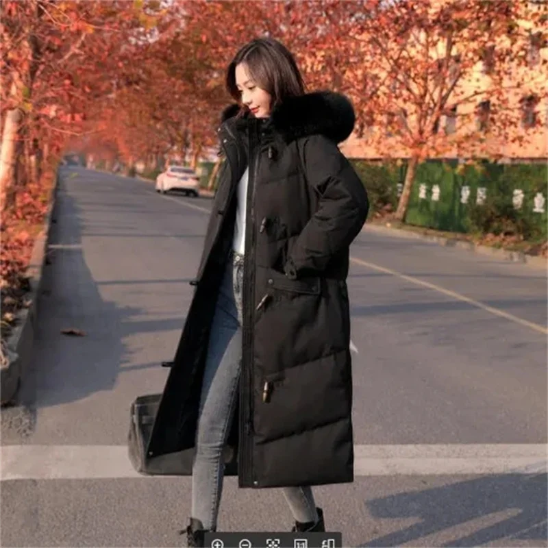 High-Grade Horn Buckle Down Padded Jacket Women Mid-Length2021Winter New Style Big Fur Collar Korean Thick Padded Cotton Clothes