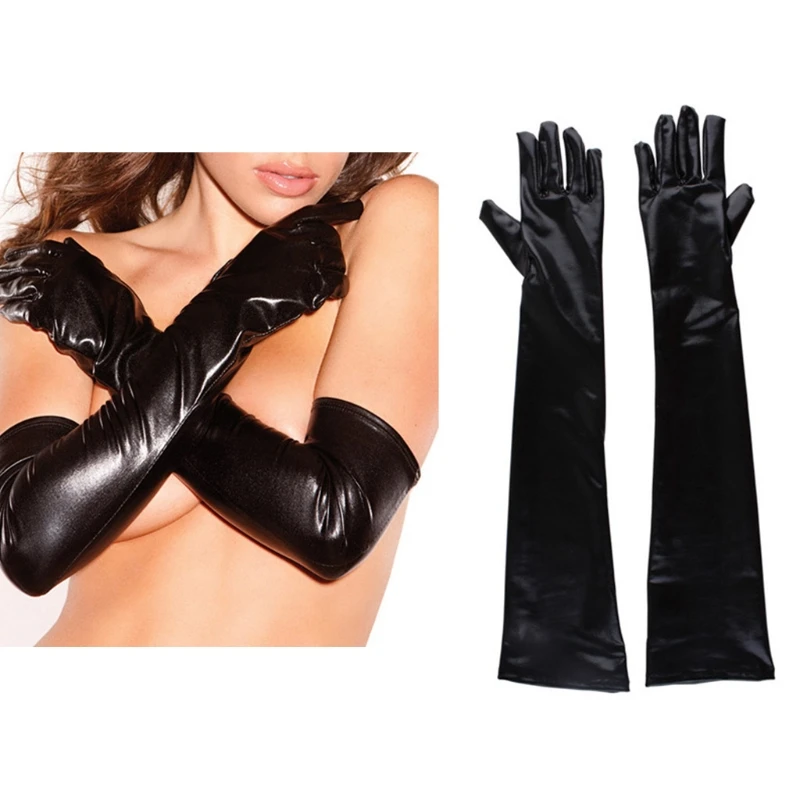 

Women Sexy Elastic Shiny Mid-Upper Arm Length Wet Look Long Black Solid Gloves Q6PB