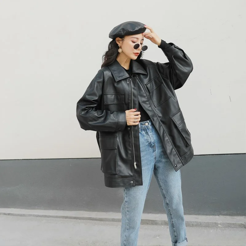 

2021 New Women Leather Clothing Loose Large Size PU Leather Jacket Female Spring Autumn Coats Retro Ladies Long Sleeve Coat