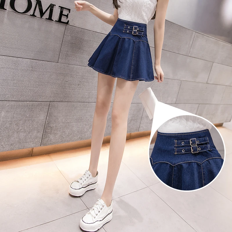 Женская джинсовая мини юбка в складку темно синяя Повседневная с высокой талией