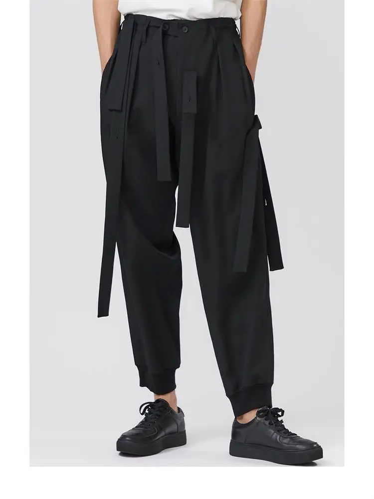 Spring and Autumn Men's New Solid Color Ribbon Casual Pants with Ribbon Externals Loose Pants with Pencil Pants