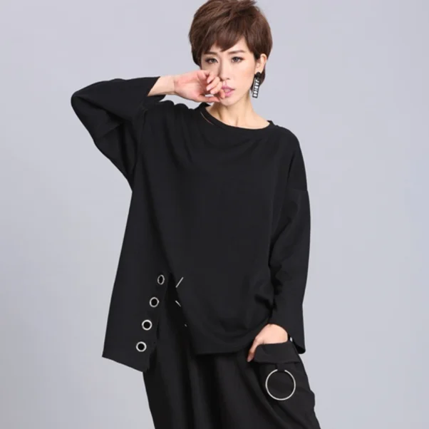 Черная женская футболка с разрезом и кольцом большие размеры одежда новинка 2020