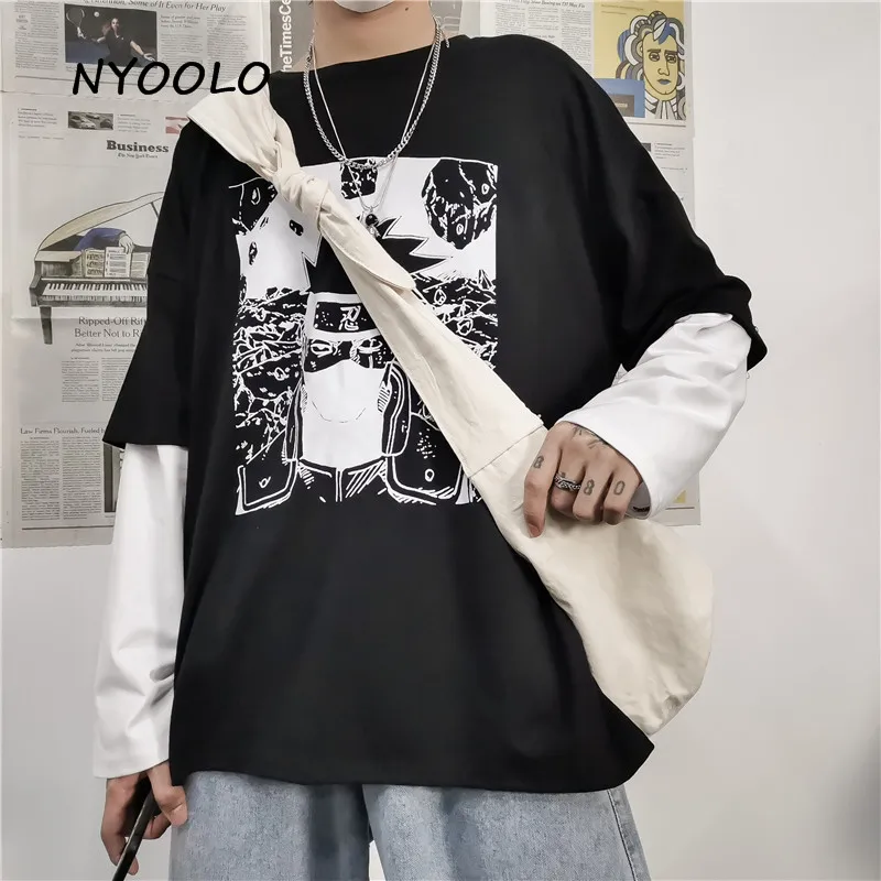 NYOOLO Harajuku уличная винтажная Аниме Наруто печать поддельные две части Лоскутная футболка осень длинный рукав футболка для женщин и мужчин