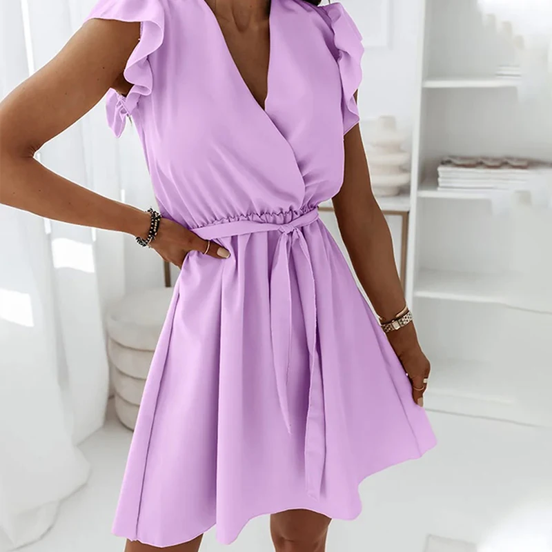 

Women Elegant Print Dress Casual Short Sleeve A-Line Beach Dress 2021 New Summer Sexy V-Neck Pleated Office Ladies Party Dress
