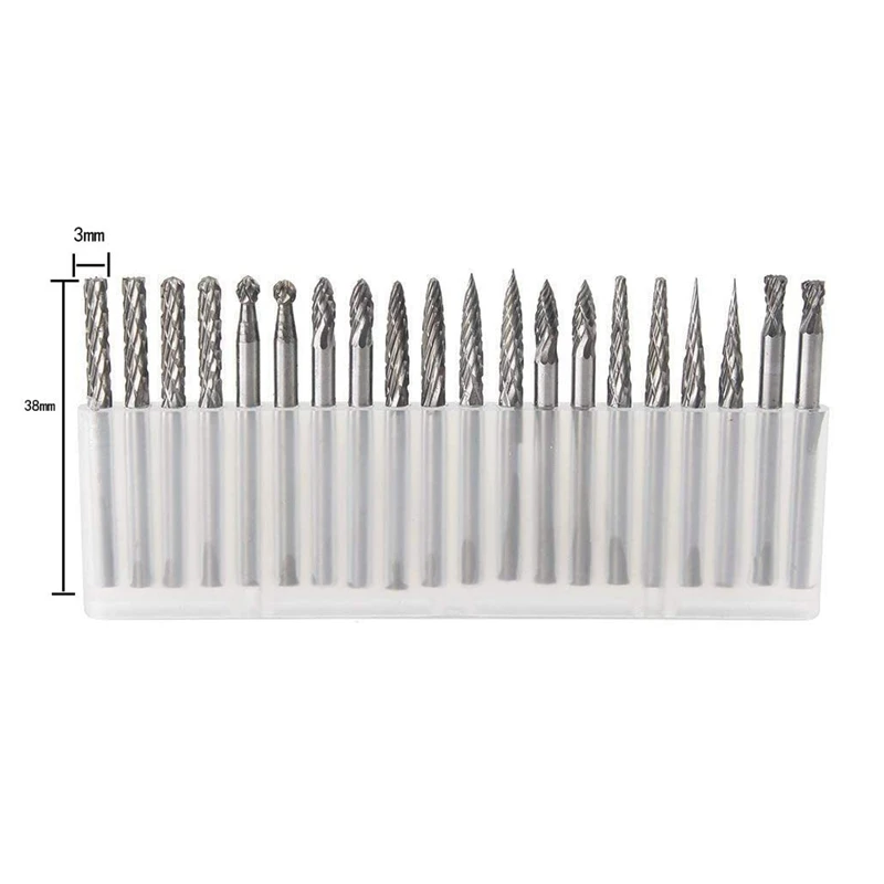 

HOT-20Pcs/Set 1/8 Inch (m) Shank Solid Cemented Carbide Rotary Burr Set for Drilling Carving Engraving Metals Wood