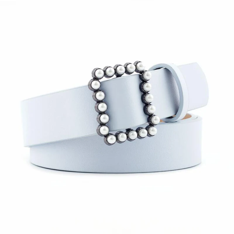 

Leather Belt Women's Fashion Wild Solid Color Belt Alloy Square Buckle Inlaid Pearl Decoration Sweet Style Belt Women