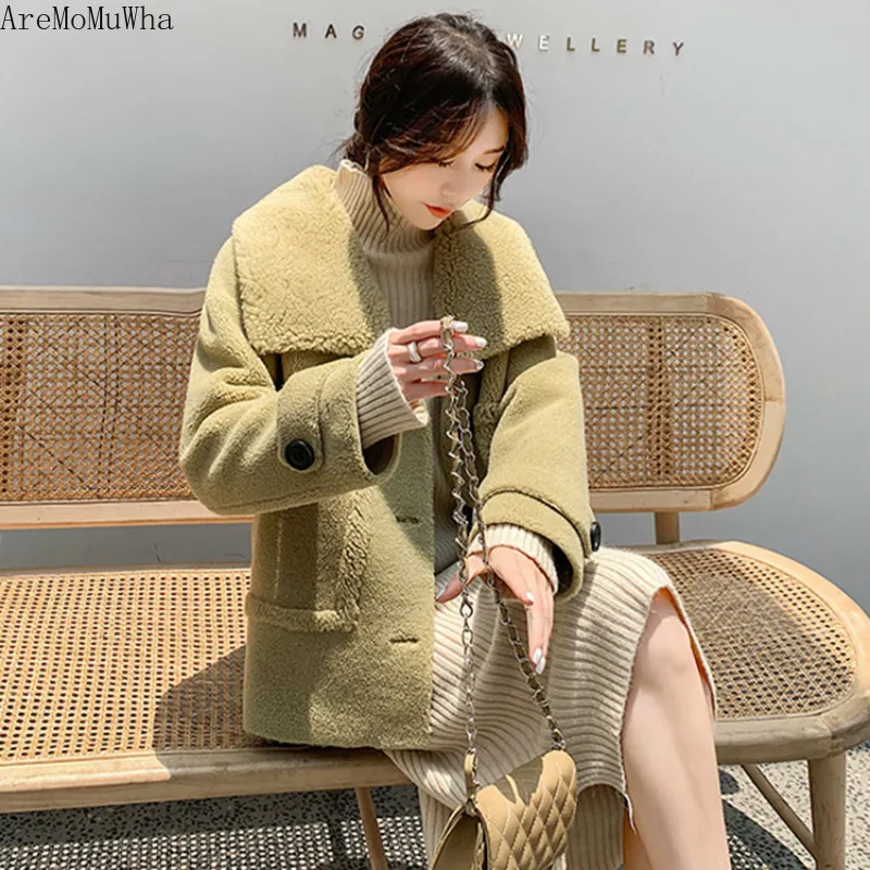 Новое зимнее меховое пальто AreMoMuWha из овечьей шерсти Дамское Свободное с