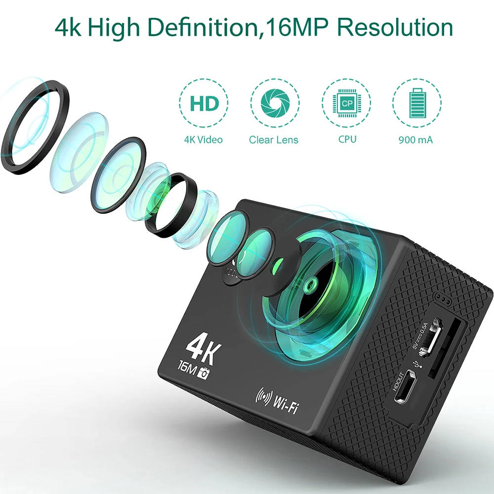 Цена 4K/30FPS 16MP со сверхвысоким разрешением Ultra HD, Спортивная Экшн-камера Камера 2 дюймов ЖК-дисплей Экран дисплея 170 Широкий формат DV видеокамера с В...