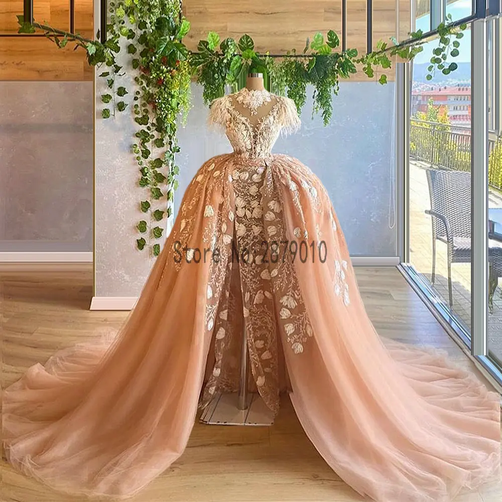 

Peach Lace Evening Dresses with Removeable Train Handmade Flowers Feathers Illusion Formal Evening Gowns