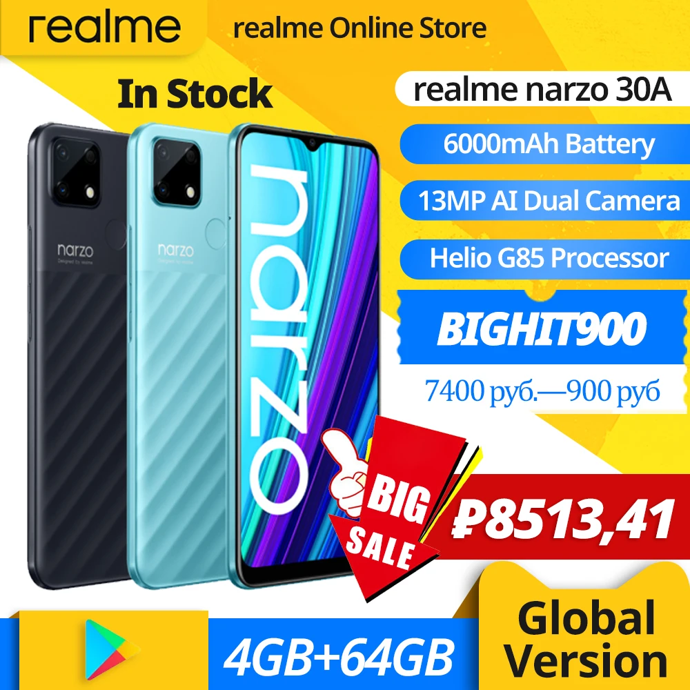 

NEW NEW QI realme Narzo 30A Global Version Smartphone 4GB 64GB Helio G85 6.5 Inch Fullscreen 13MP AI Dual Camera 6000mAh 18W