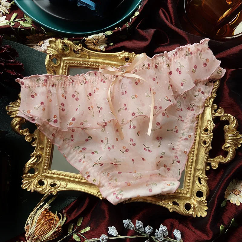 

Women Sexy Lace Lingerie Temptation Low-waist Panties Female Transparent Fruit Embroidery Briefs Sweet Girls Underpants