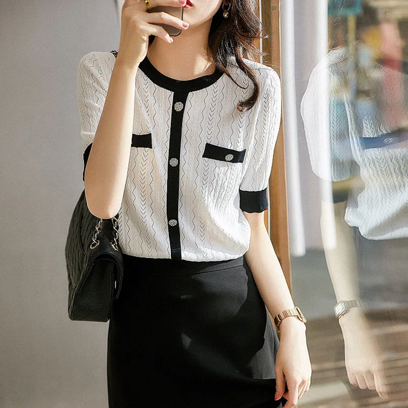 

Hollow Out Short Sleeve Knitted Women Pullover Sweater New Summer Shirt Contrast Color Buttons Lace Elegant Ladies Jumper 2021