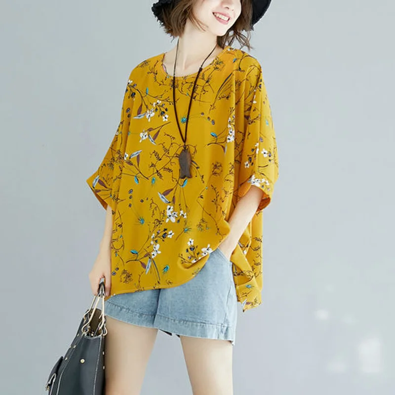 

Women Spring Summer Style Chiffon Blouses Shirts Lady Casual Half Sleeve Flower Printed Chiffon blusas Tops ZZ0186