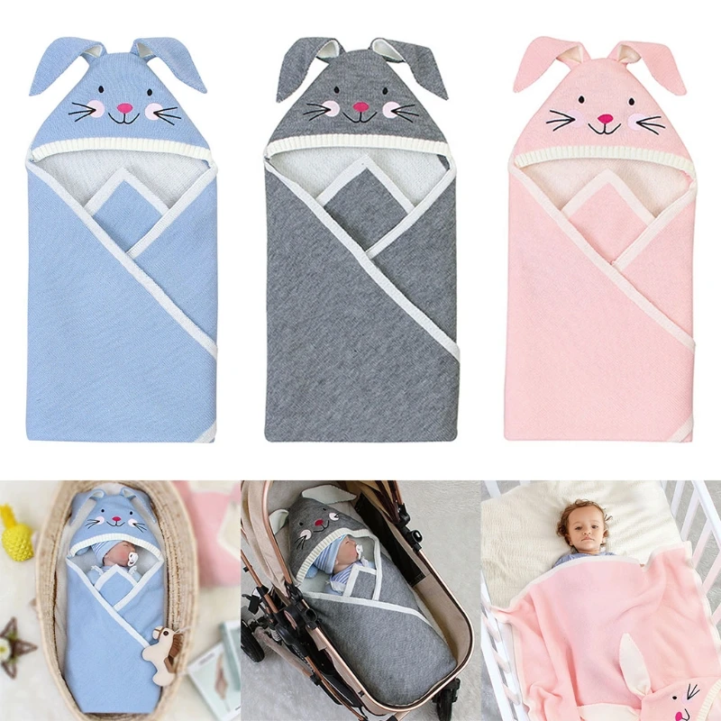 

Детская пеленка для новорожденных 80x80 см, спальный мешок, постельное белье, мультяшный кролик, 3D Уши, детский вязаный спальный мешок, одеяло ...