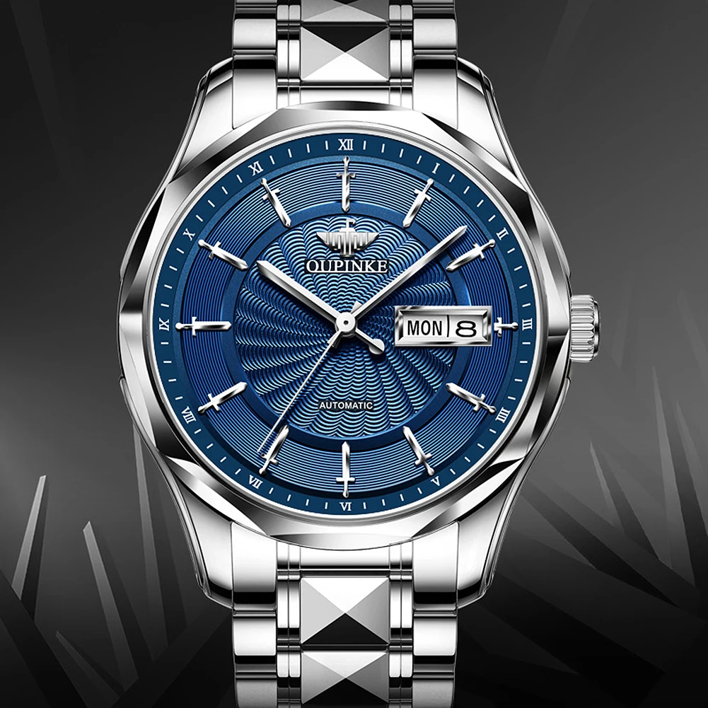 

Men's Automatic Mechanical Wristwatch with double calendar tungsten steel watchband fashion waterproof luminous hands male clock