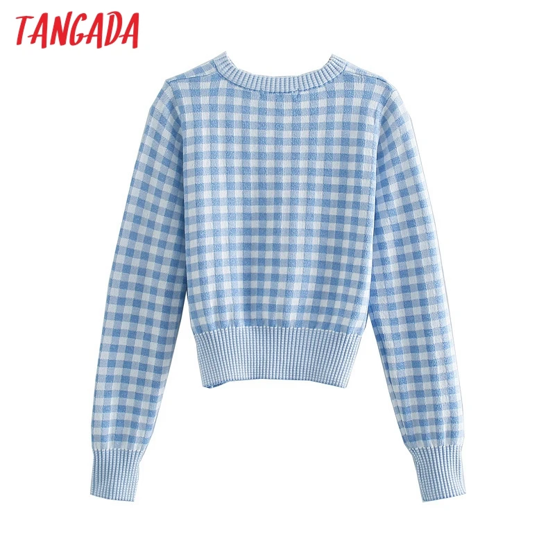 

Tangada Women Elegant Blue Plaid Cardigan Vintage Jumper Lady Fashion Crop Knitted Cardigan Coat 3N27